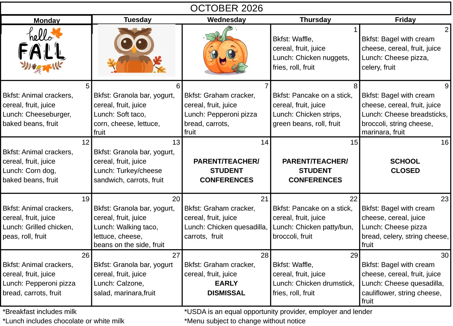 October menu 2026 October menu 2026